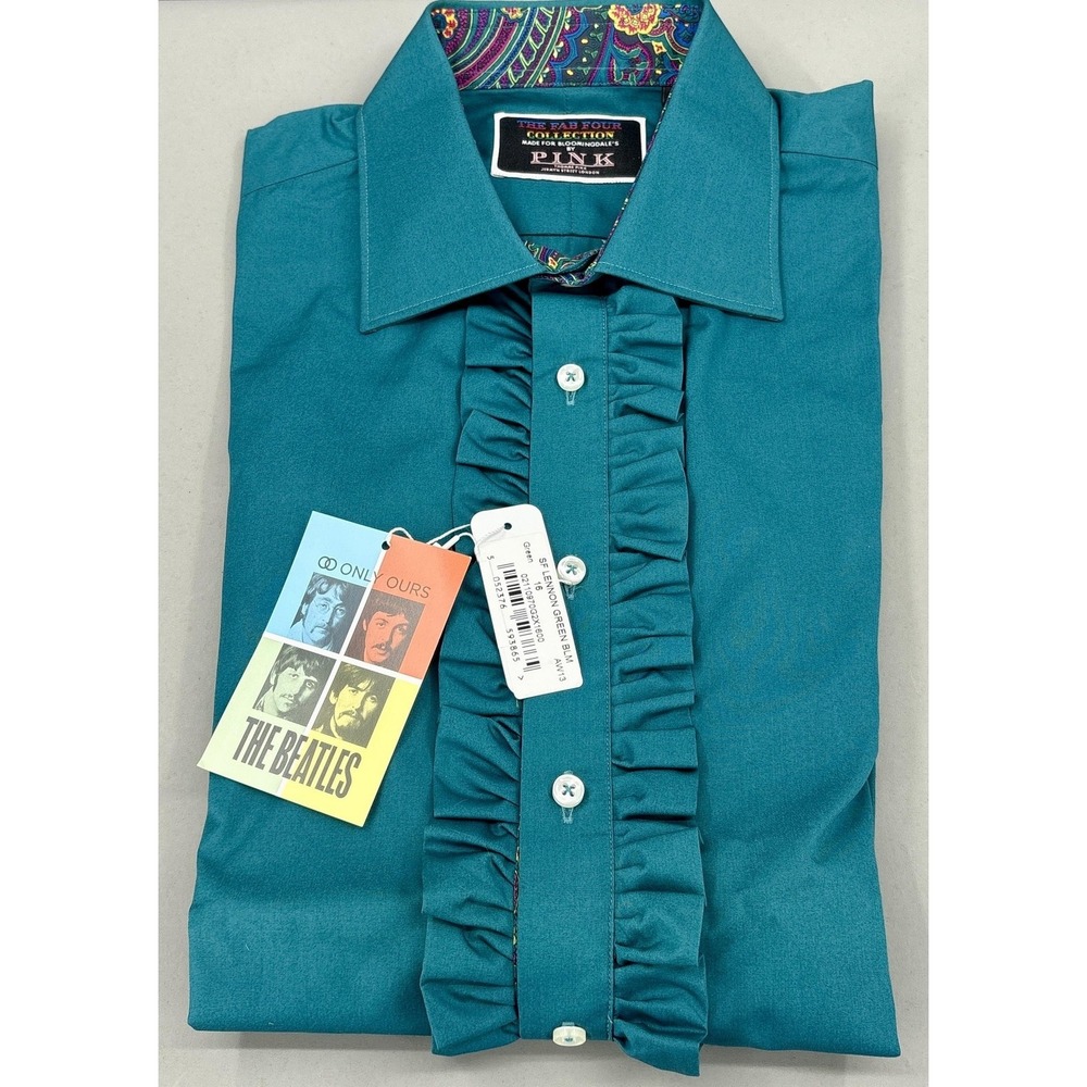 Thomas Pink Shirt Mens 16 Green Ruffle Front Fab Four Beatles Dress Slim NEW